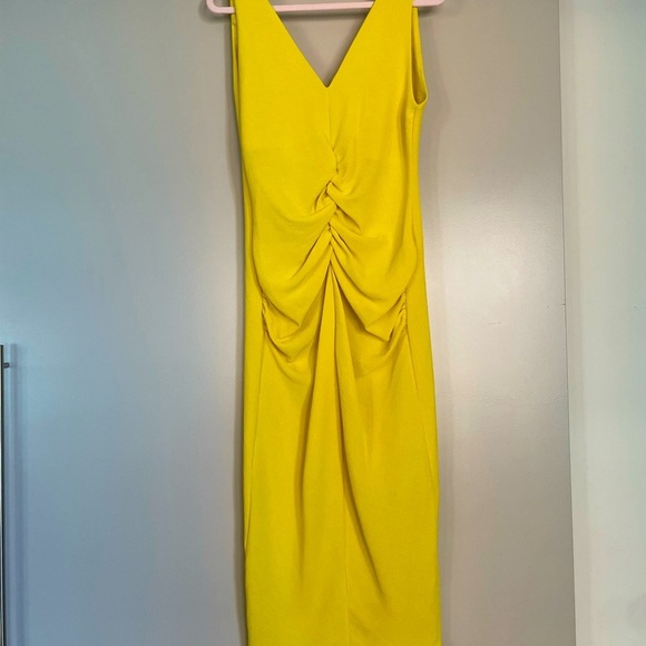 Zara NWOT Ruched V-Neck Yellow Midi Slit Dress - Picture 2 of 4
